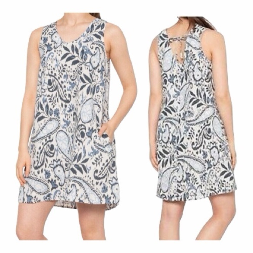 Lucky Brand Blue & White Paisley Print 100% Linen Tie-Back Mini Dress Size Small